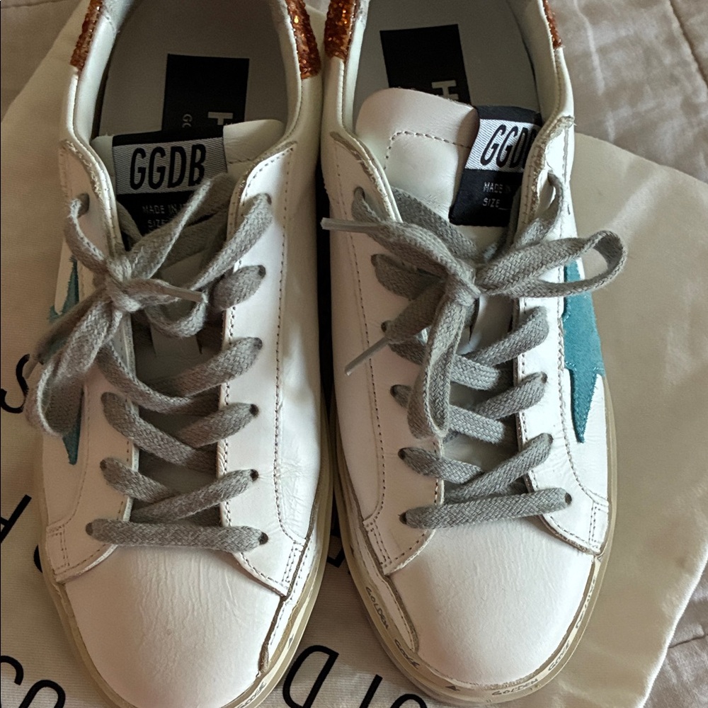 Golden Goose White and Teal Sneakers